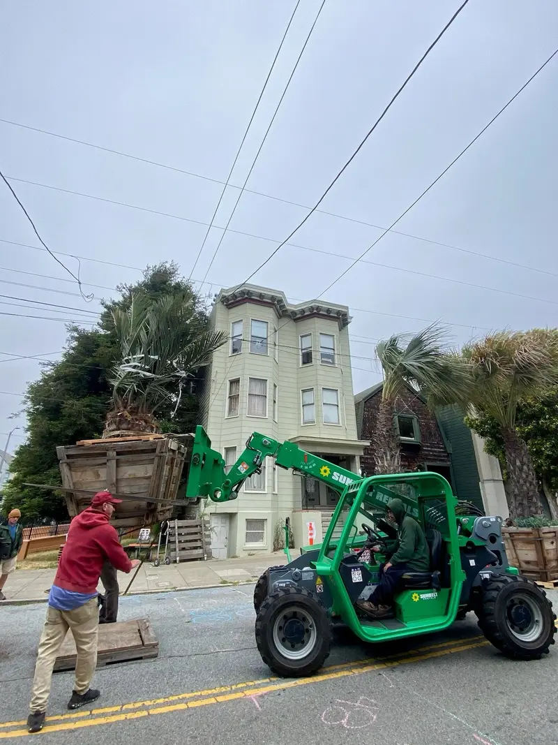 El personal de Flora Grubb Gardens usa un montacargas verde para descargar plantas y armar una plaza temporal en Cole Valley.