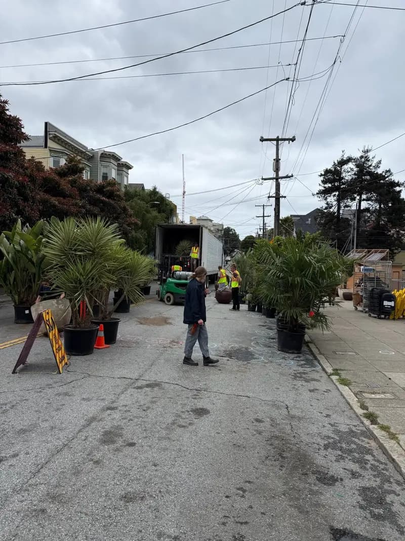 Trabajadores de Flora Grubb Gardens descargando plantas en macetas en Cole Valley para crear la plaza temporal de Cole Valley.