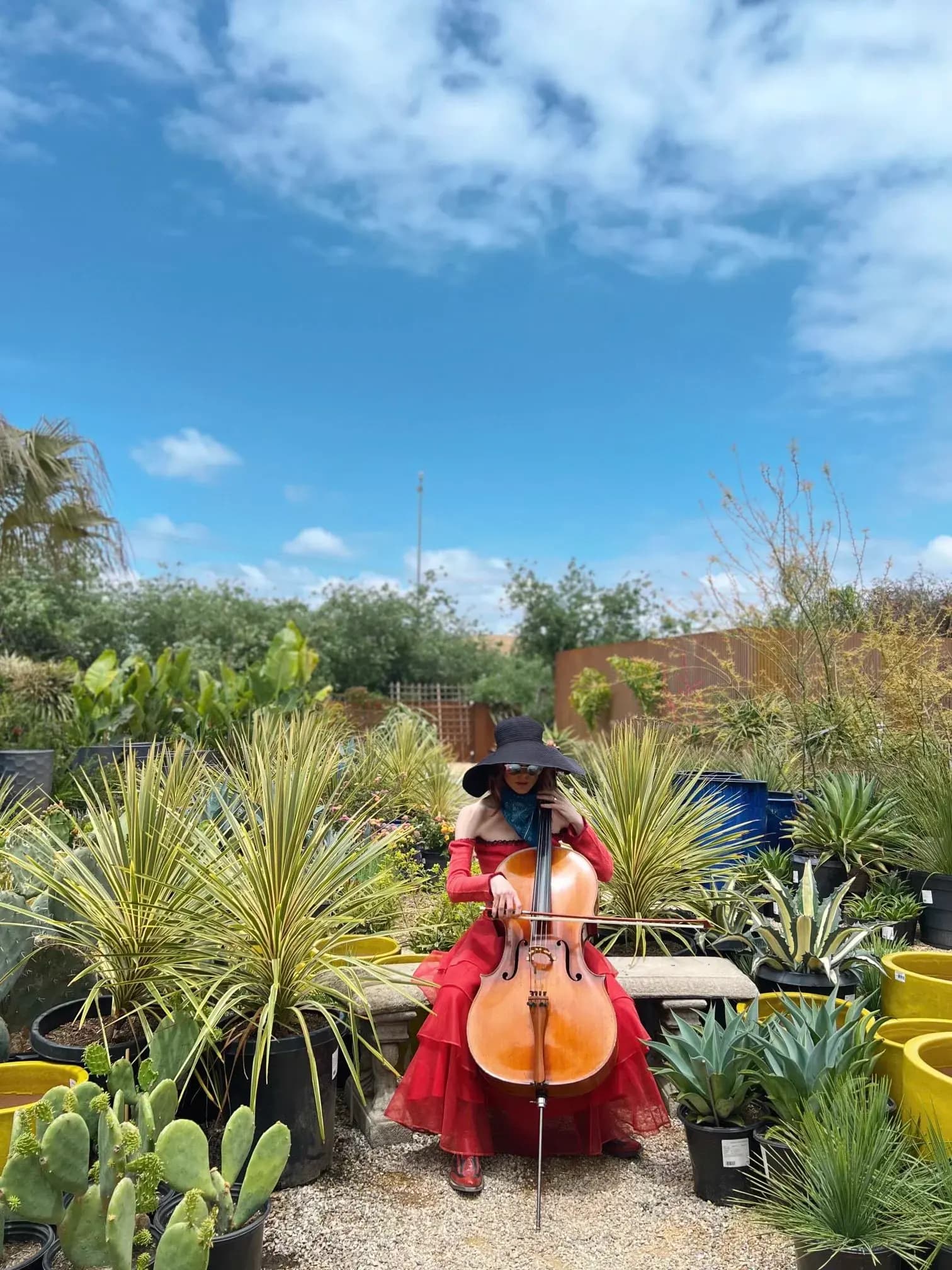 Un evento en Flora Grubb Los Angeles: una mujer con vestido rojo y sombrero negro de ala ancha toca el violonchelo en un jardín con diversas plantas y suculentas, bajo un cielo azul con nubes.