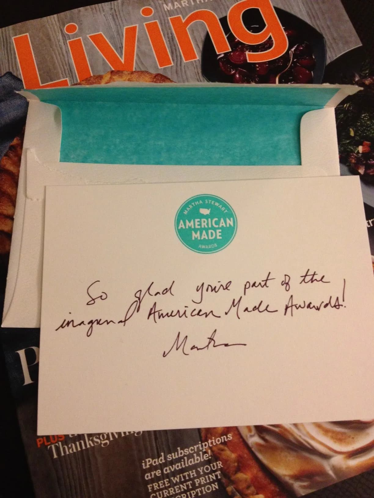 Martha Stewart’s handwritten note to Flora on an American Made Awards card, on top of an issue of Martha Stewart Living