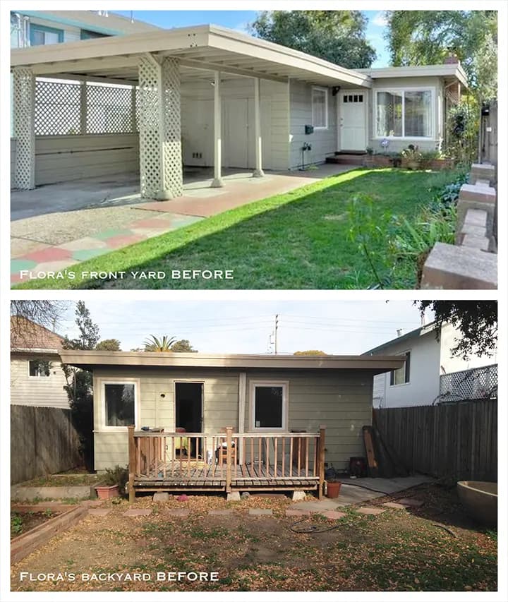 El jardín de la casa de Flora Grubb: comparación del antes y el después del jardín delantero y el patio trasero antes de la renovación, con un porche techado con celosía y concreto al frente, y un patio trasero sencillo con una terraza y tierra.