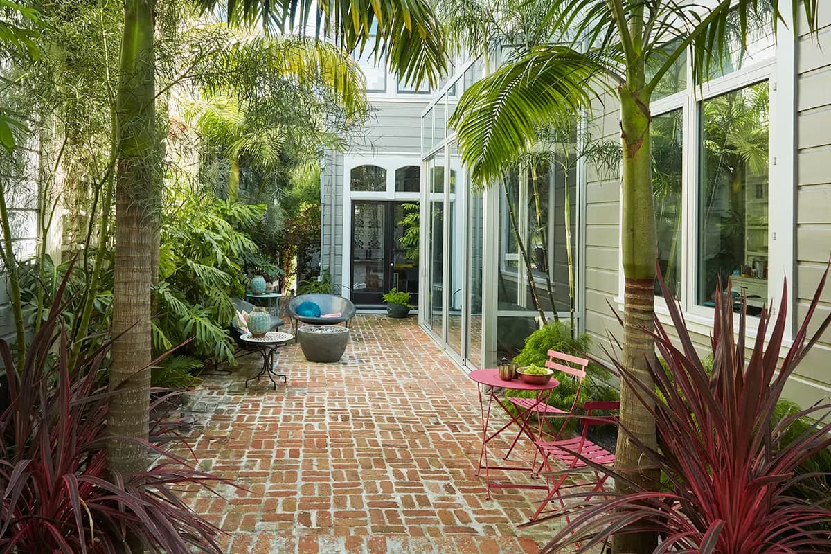 Flora Grubb Gardens: diseño de jardín en San Francisco con king palms Archantophoenix y Cordyline Electric Pink