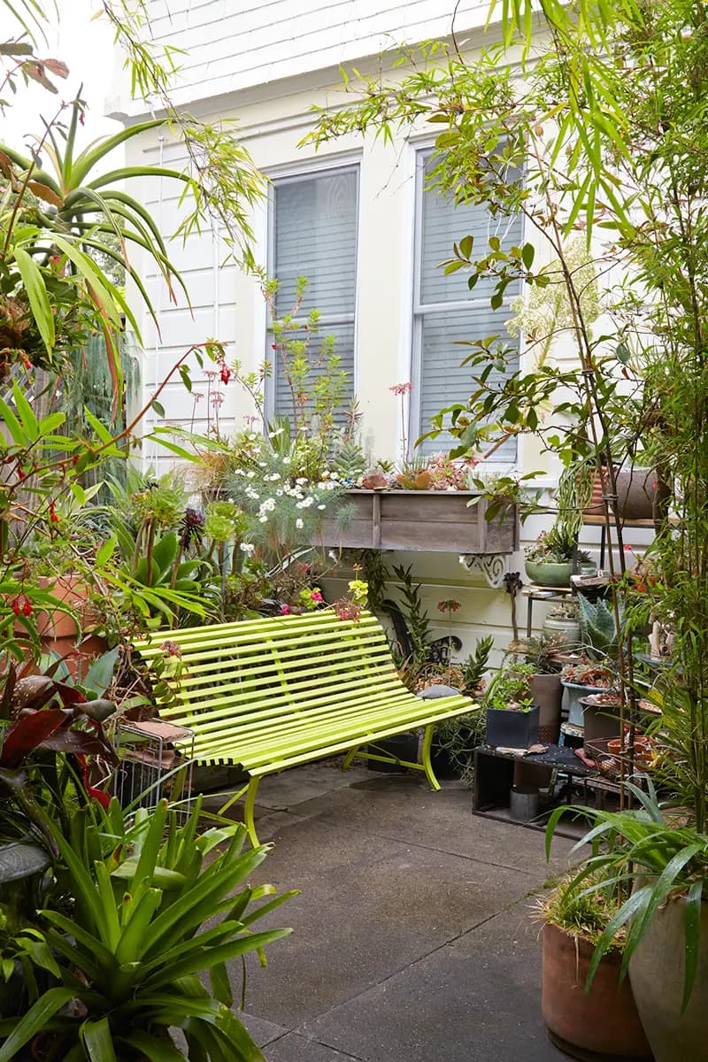 Flora Grubb Gardens: jardín secreto en San Francisco con banca y plantas en maceta