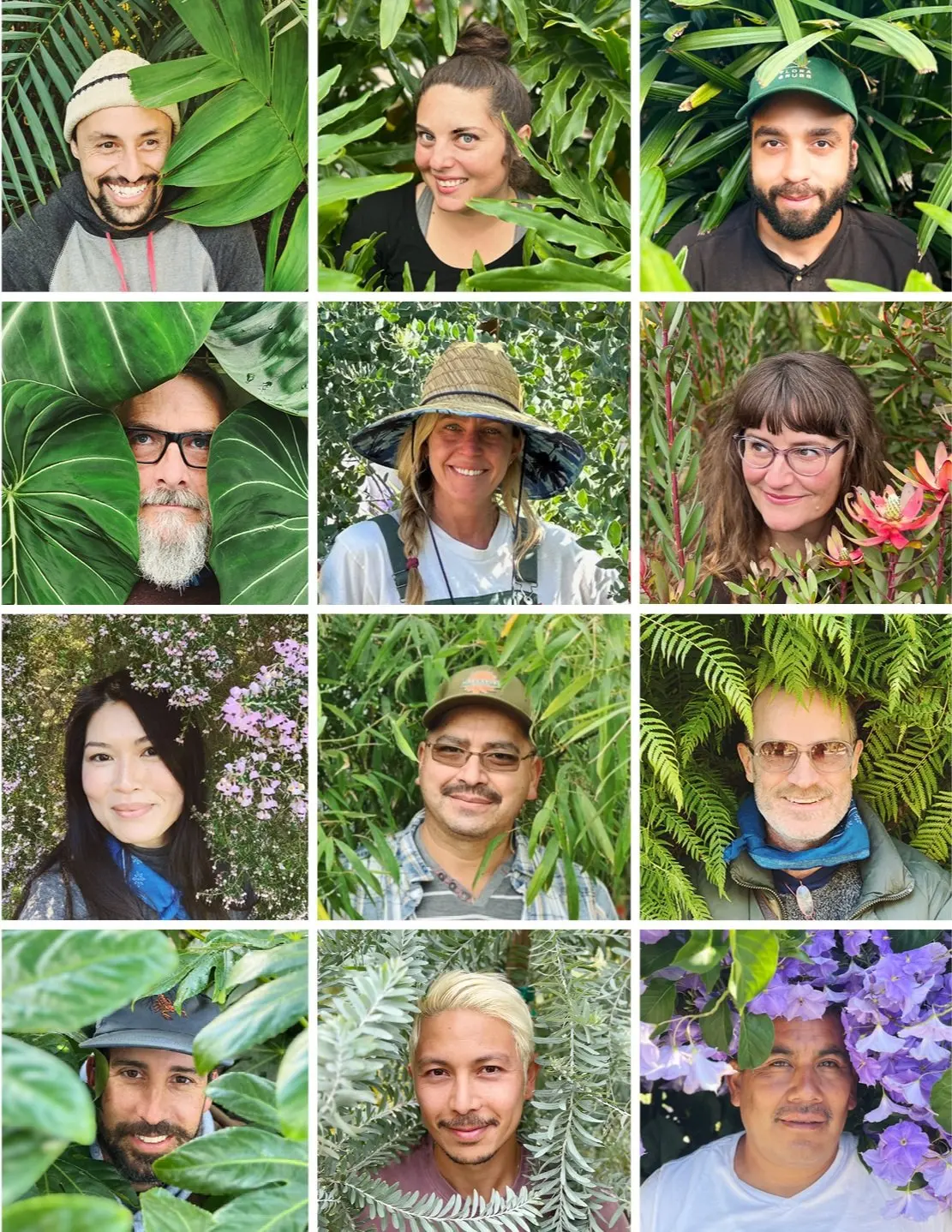 Collage de nueve personas en espacios exteriores verdes y frondosos, rodeadas de plantas y flores.
