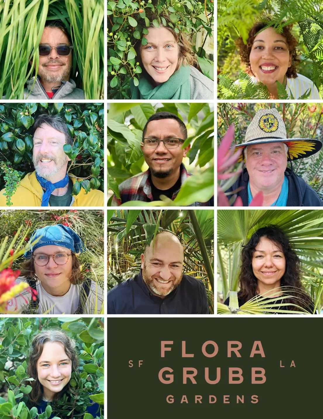 Collage de nueve personas posando entre plantas y follaje verde y frondoso, con un logotipo que dice 'Flora Grubb Gardens' en la parte de abajo.