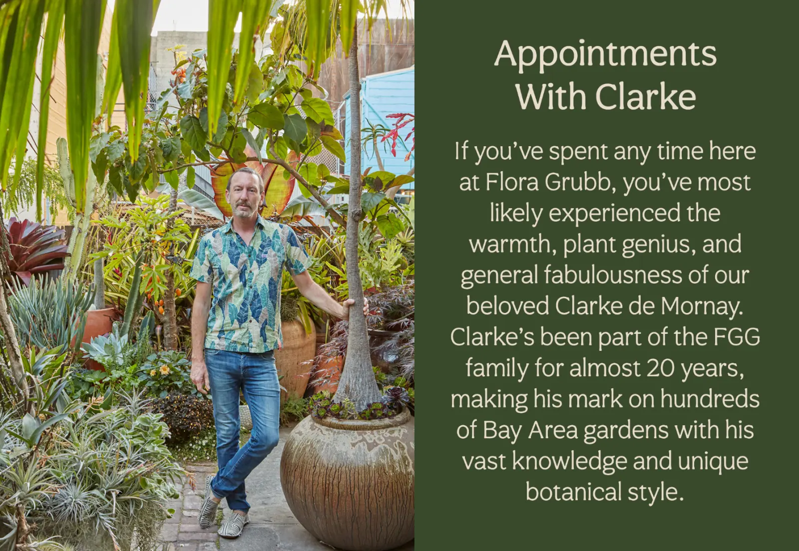 Clarke de Mornay en el jardín de su casa, junto a un árbol grande en maceta, entre plantas frondosas y suculentas, con un panel verde a la derecha que describe su experiencia. El texto invita a reservar una cita con Clarke.