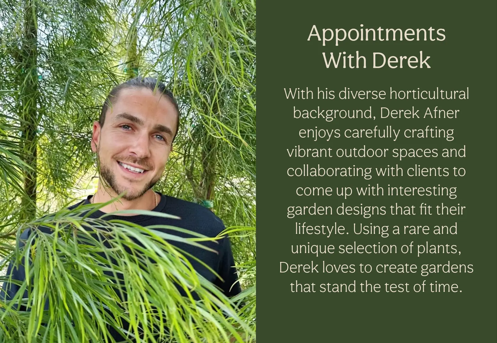 Derek Afner en Flora Grubb Gardens Los Ángeles, con un texto que invita a hacer una cita para una consulta de jardinería.