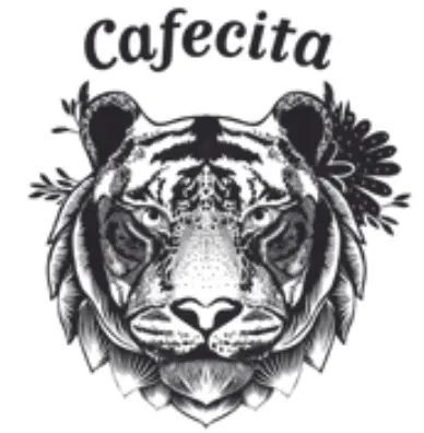 Un logotipo con la palabra 'Cafecita' sobre una ilustración detallada de la cara de un tigre rodeada de flores y hojas.