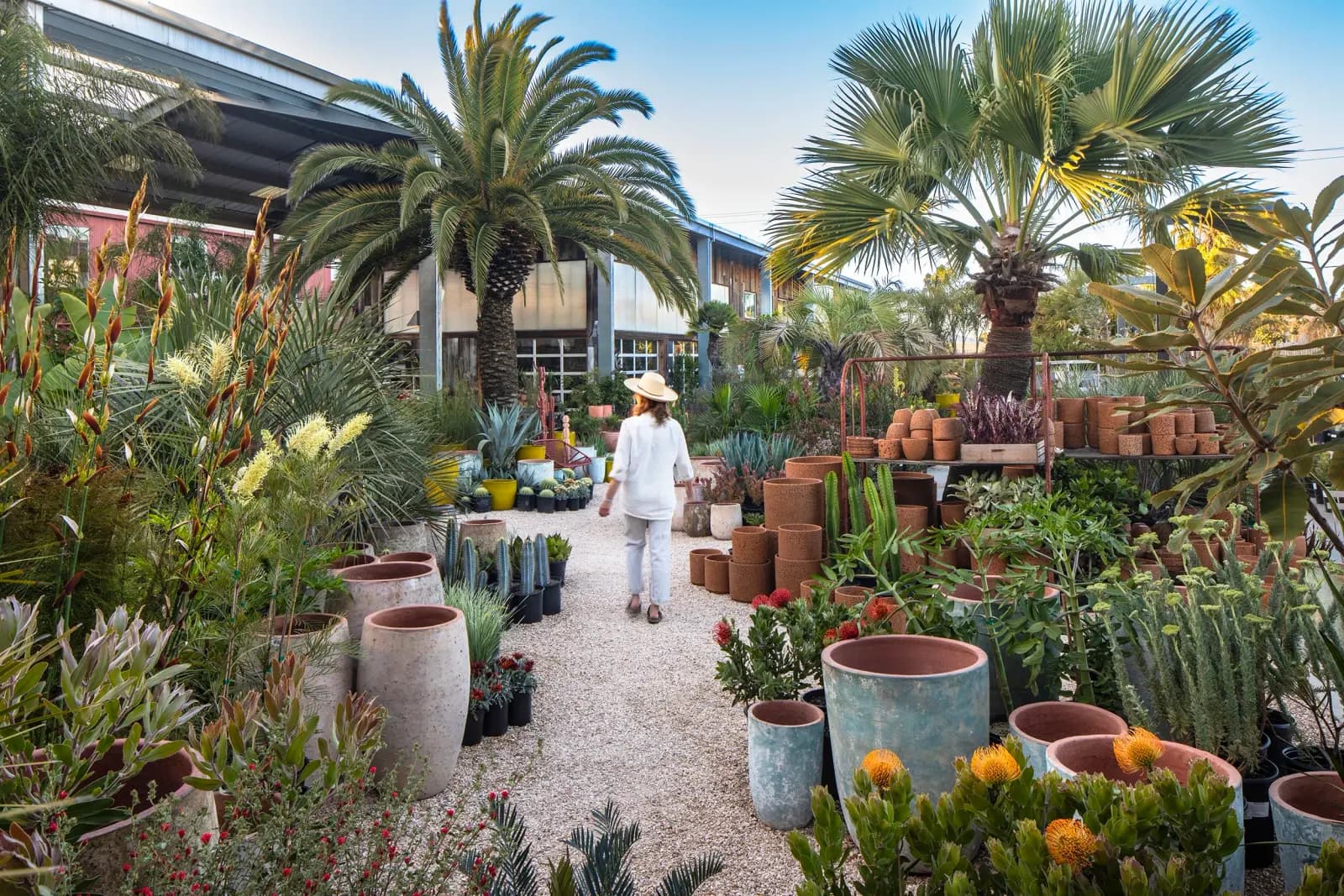 A woman in a hat walking through the San Francisco nursery